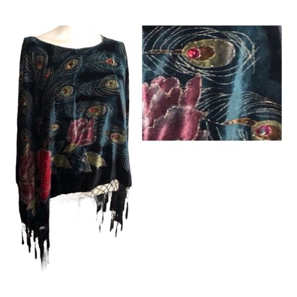 Coldwater Creek peacock poncho velvety with fringe excellent like new condition - Picture 8 of 15